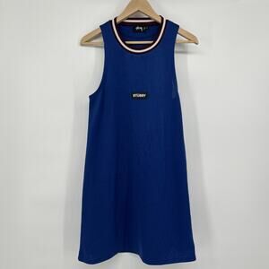 Stussy Sleeveless Tank Dress Women Size Small Blue Burgundy Trim Stock Logo